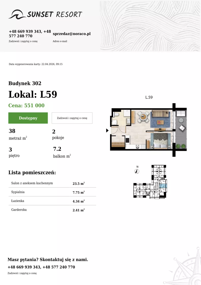 2 pokoje, apartament 38,00 m², piętro 3, oferta nr L 59, Sunset Resort bud 302, Grzybowo, ul. Nadmorska 106