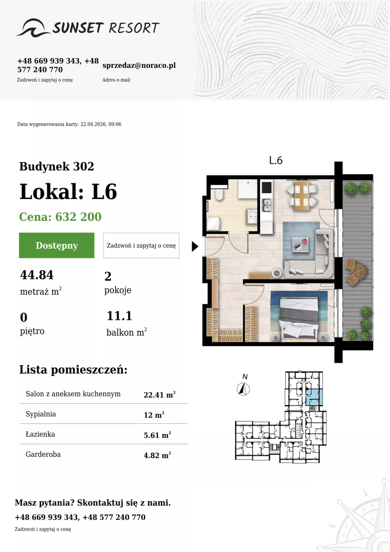 2 pokoje, apartament 44,84 m², parter, oferta nr L 6, Sunset Resort bud 302, Grzybowo, ul. Nadmorska 106