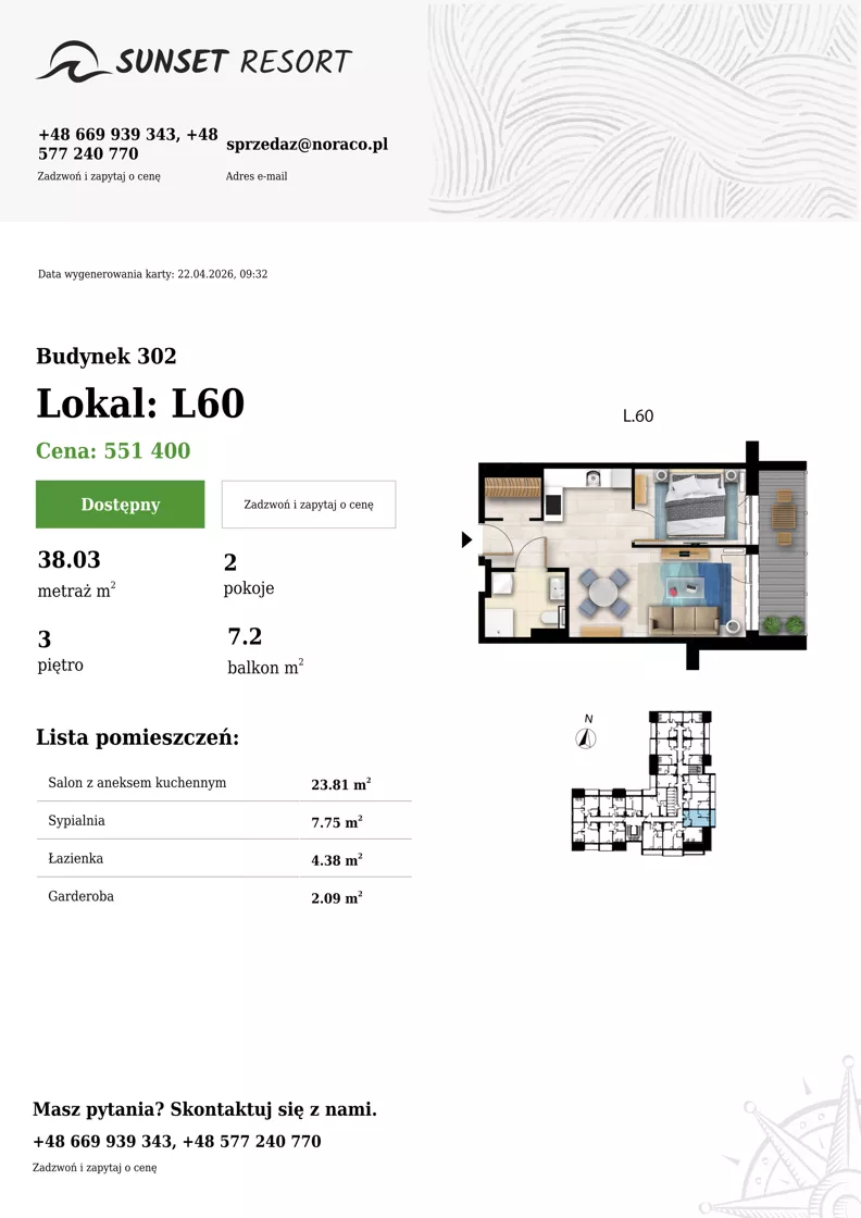 2 pokoje, apartament 38,03 m², piętro 3, oferta nr L 60, Sunset Resort bud 302, Grzybowo, ul. Nadmorska 106
