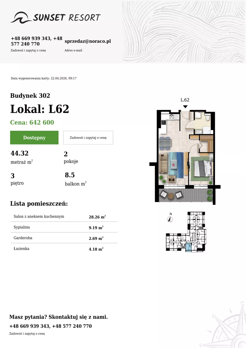 2 pokoje, apartament 44,32 m², piętro 3, oferta nr L 62, Sunset Resort bud 302, Grzybowo, ul. Nadmorska 106