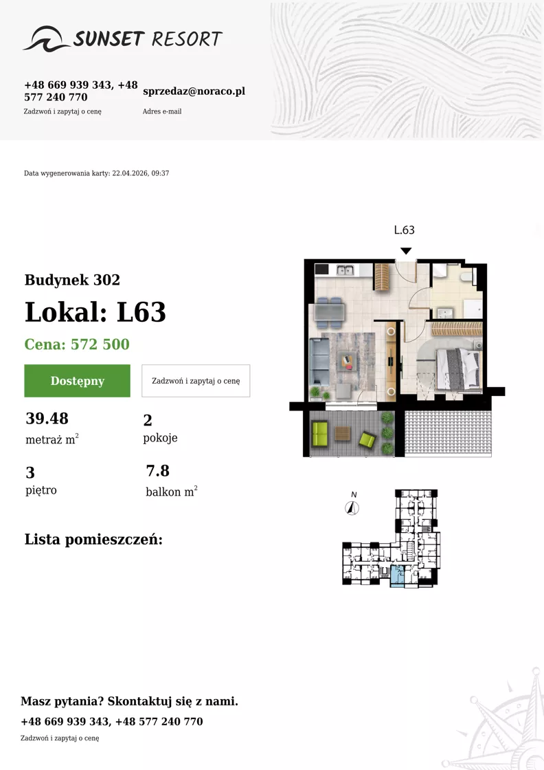 2 pokoje, apartament 39,48 m², piętro 3, oferta nr L 63, Sunset Resort bud 302, Grzybowo, ul. Nadmorska 106