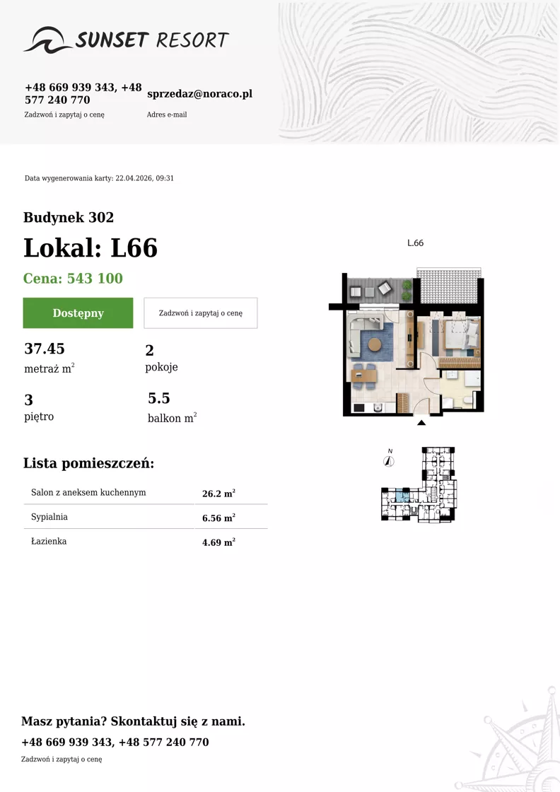 2 pokoje, apartament 37,45 m², piętro 3, oferta nr L 66, Sunset Resort bud 302, Grzybowo, ul. Nadmorska 106