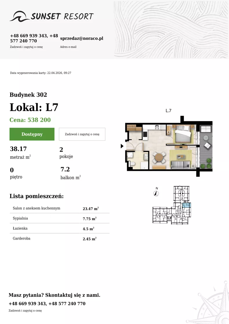 2 pokoje, apartament 38,17 m², parter, oferta nr L 7, Sunset Resort bud 302, Grzybowo, ul. Nadmorska 106
