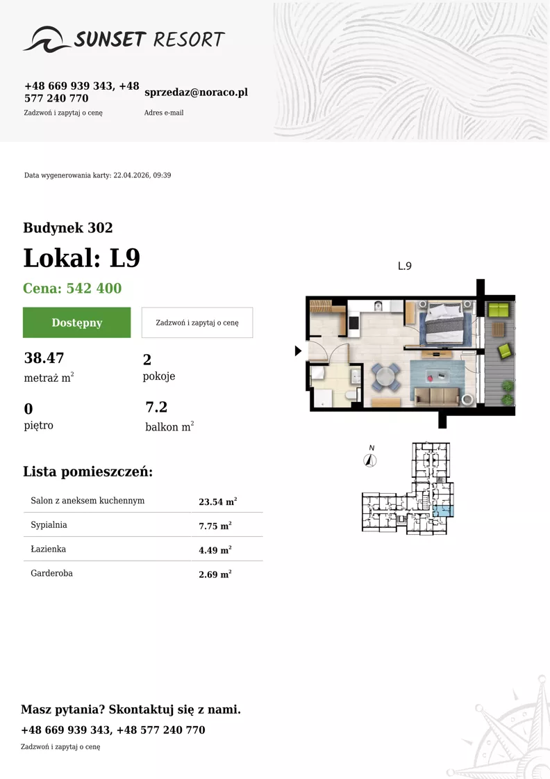 2 pokoje, apartament 38,47 m², parter, oferta nr L 9, Sunset Resort bud 302, Grzybowo, ul. Nadmorska 106