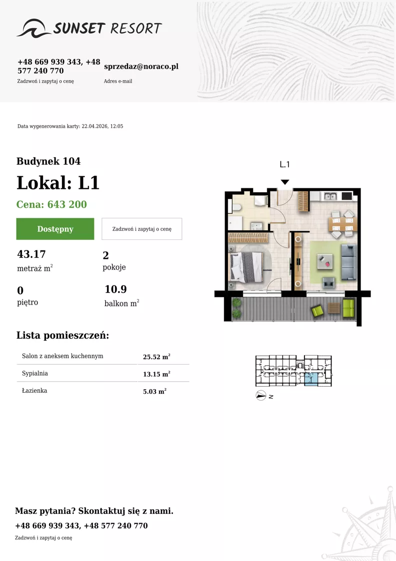 2 pokoje, apartament 43,17 m², parter, oferta nr 104-L1, Sunset Resort, Grzybowo, ul. Nadmorska 106