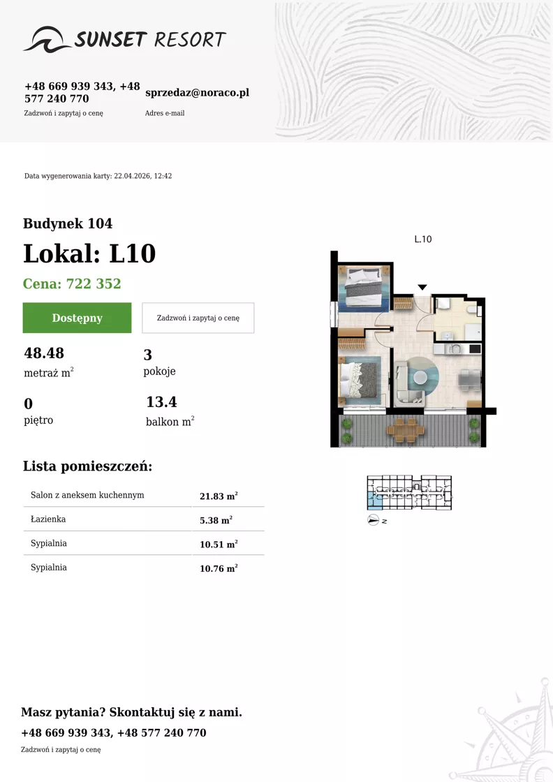 3 pokoje, apartament 48,48 m², parter, oferta nr 104-L10, Sunset Resort, Grzybowo, ul. Nadmorska 106