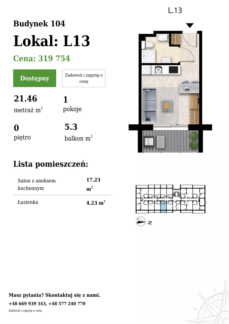 1 pokój, apartament 21,46 m², parter, oferta nr 104-L13, Sunset Resort, Grzybowo, ul. Nadmorska 106