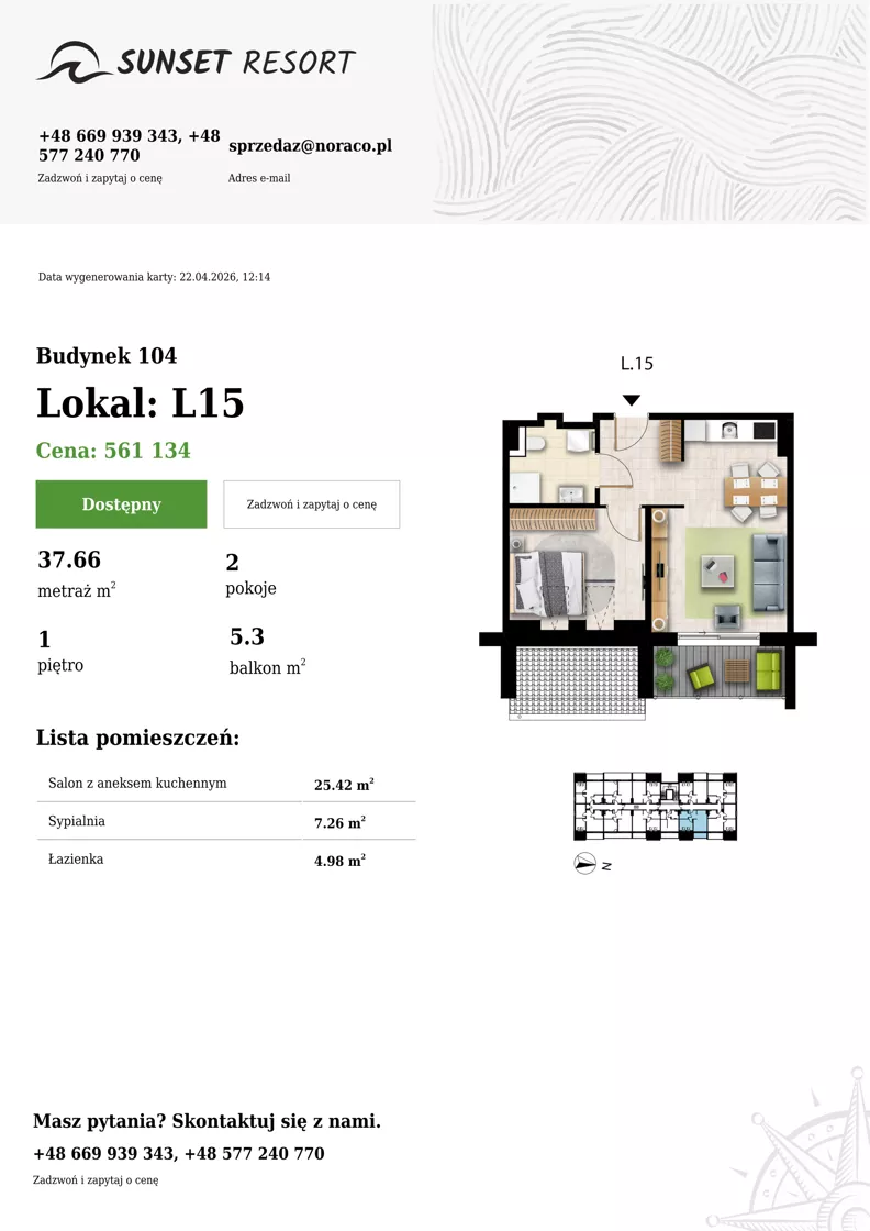 2 pokoje, apartament 37,66 m², piętro 1, oferta nr 104-L15, Sunset Resort, Grzybowo, ul. Nadmorska 106