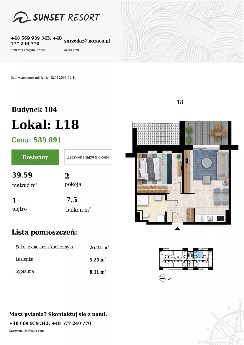 2 pokoje, apartament 39,59 m², piętro 1, oferta nr 104-L18, Sunset Resort, Grzybowo, ul. Nadmorska 106