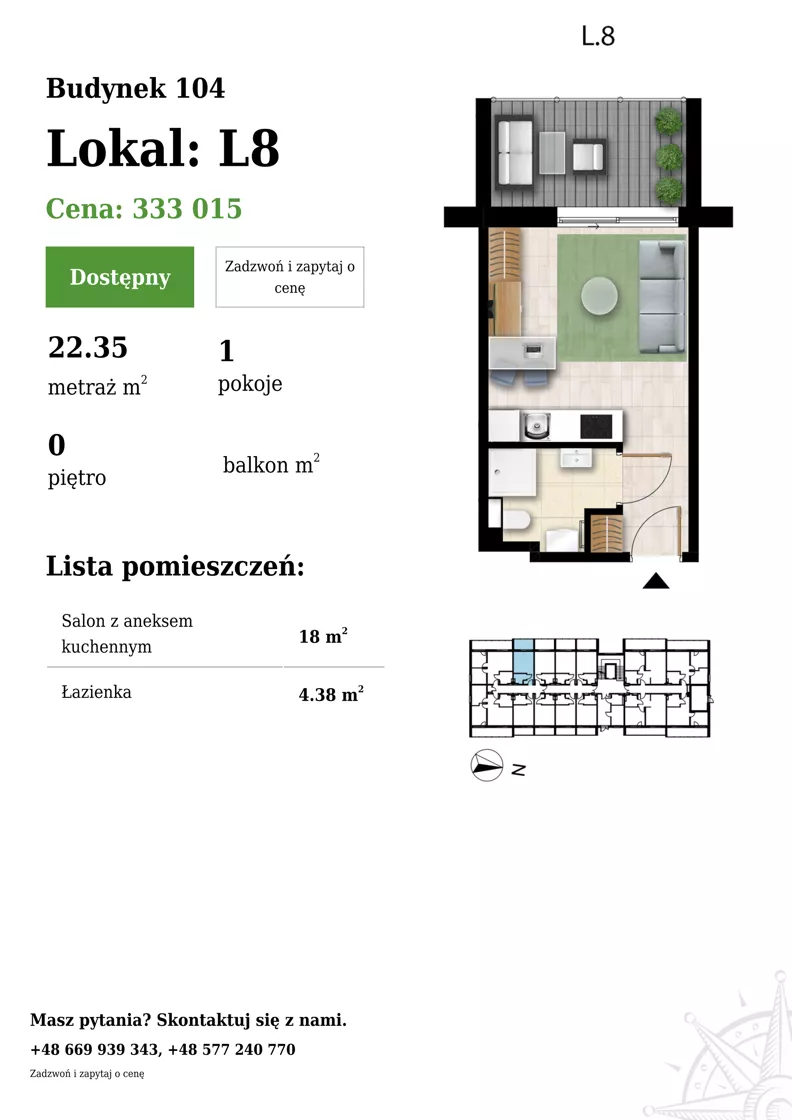 1 pokój, apartament 22,35 m², parter, oferta nr 104-L8, Sunset Resort, Grzybowo, ul. Nadmorska 106