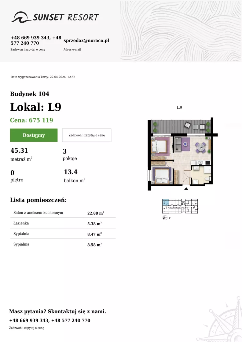 3 pokoje, apartament 44,31 m², parter, oferta nr 104-L9, Sunset Resort, Grzybowo, ul. Nadmorska 106