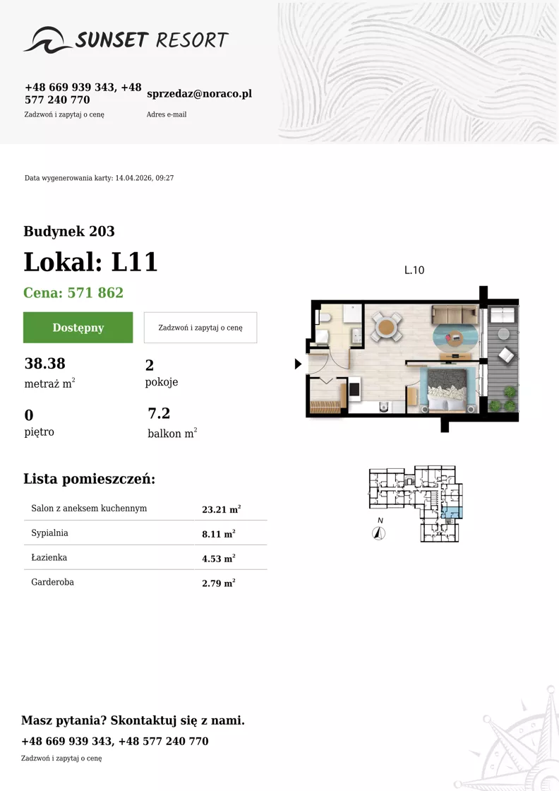 2 pokoje, apartament 38,38 m², parter, oferta nr 203-L11, Sunset Resort, Grzybowo, ul. Nadmorska 106
