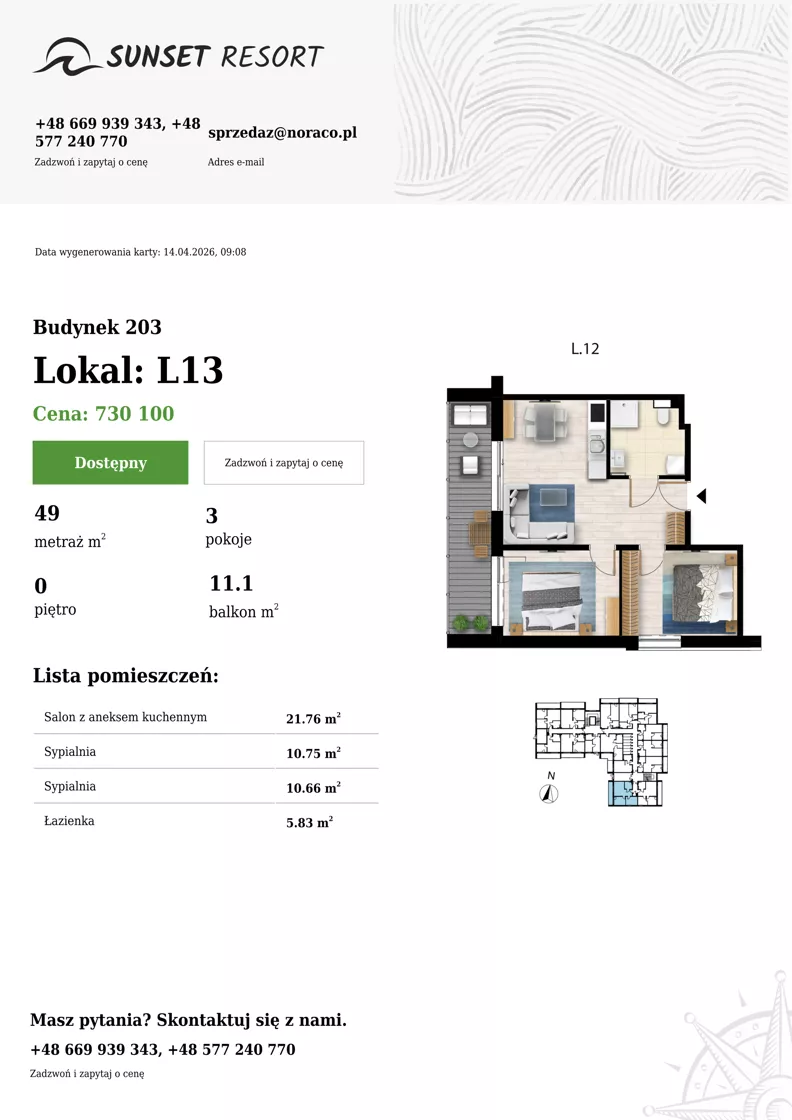 3 pokoje, apartament 49,00 m², parter, oferta nr 203-L13, Sunset Resort, Grzybowo, ul. Nadmorska 106