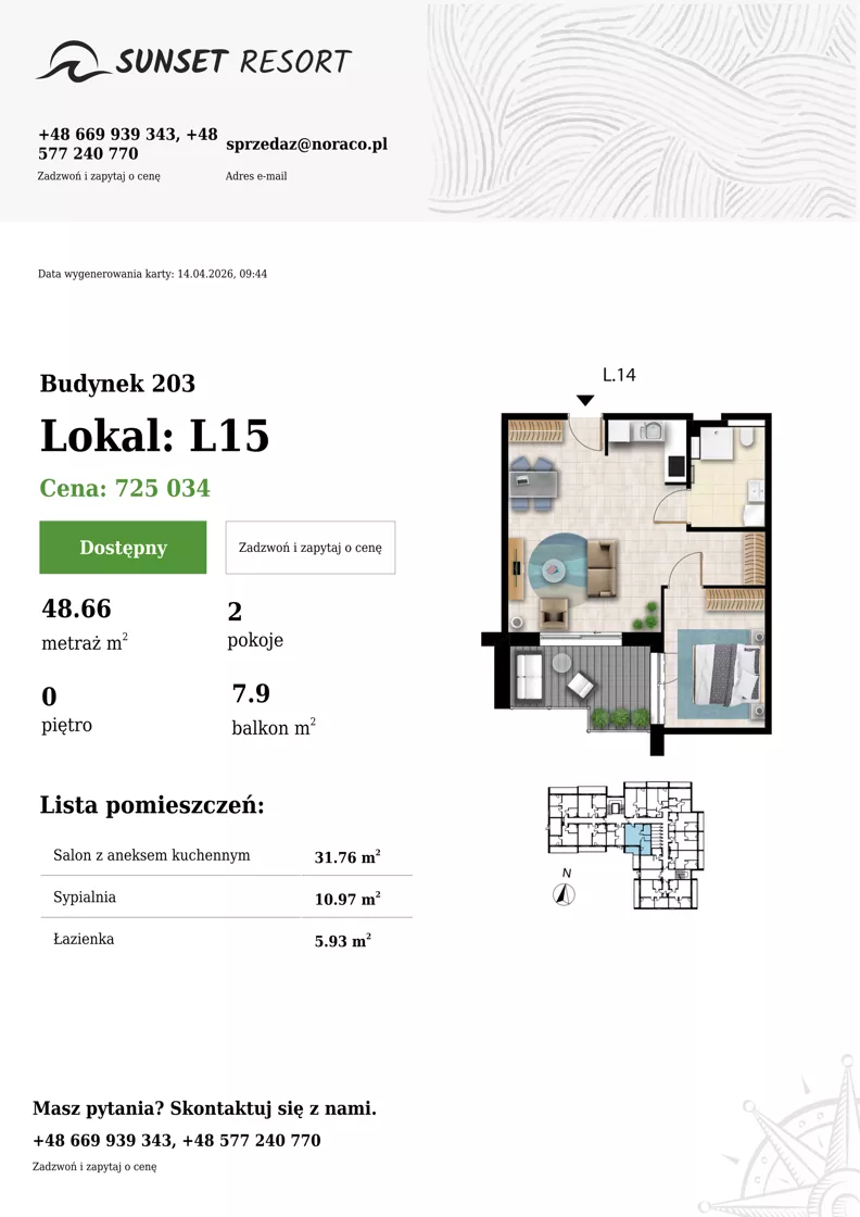 2 pokoje, apartament 48,66 m², piętro 1, oferta nr 203-L15, Sunset Resort, Grzybowo, ul. Nadmorska 106