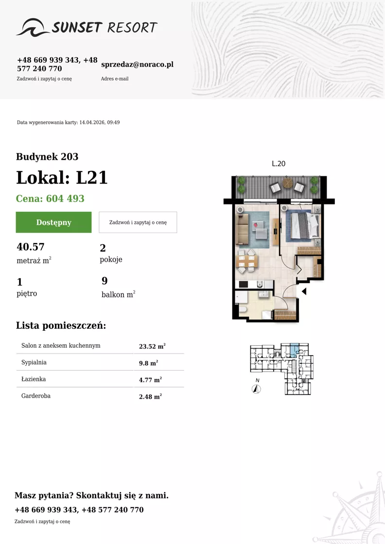 2 pokoje, apartament 40,57 m², piętro 1, oferta nr 203-L21, Sunset Resort, Grzybowo, ul. Nadmorska 106