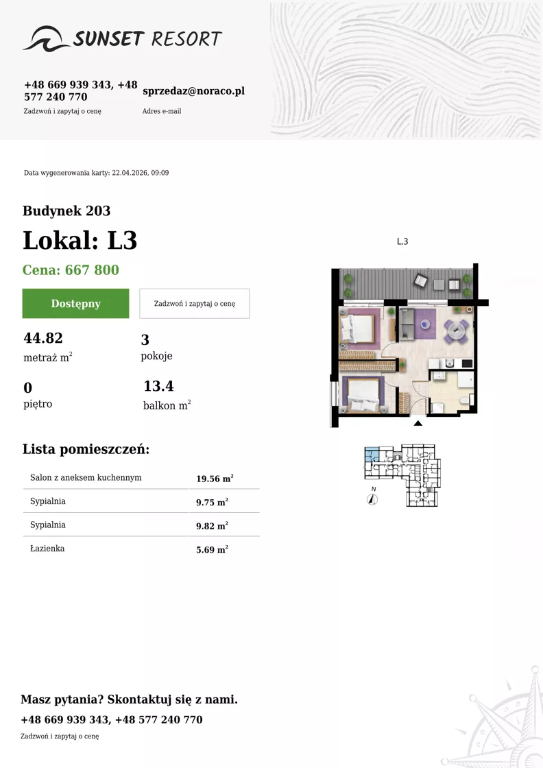 3 pokoje, apartament 44,82 m², parter, oferta nr 203-L3, Sunset Resort, Grzybowo, ul. Nadmorska 106