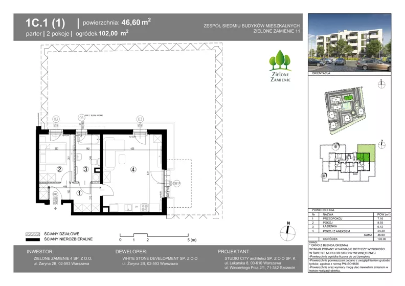 2 pokoje, mieszkanie 46,60 m², parter, oferta nr 1C.1, Zielone Zamienie XI, Zamienie, ul. Zakładowa/Herbaciana