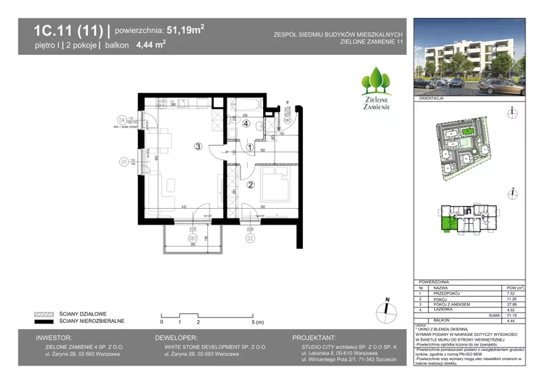 2 pokoje, mieszkanie 51,19 m², piętro 1, oferta nr 1C.11, Zielone Zamienie XI, Zamienie, ul. Zakładowa/Herbaciana