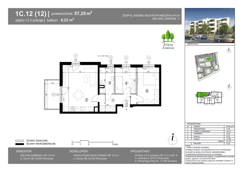 3 pokoje, mieszkanie 57,25 m², piętro 1, oferta nr 1C.12, Zielone Zamienie XI, Zamienie, ul. Zakładowa/Herbaciana