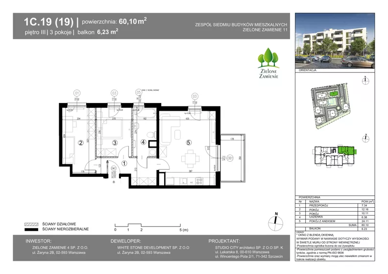 3 pokoje, mieszkanie 60,10 m², piętro 3, oferta nr 1C.19, Zielone Zamienie XI, Zamienie, ul. Zakładowa/Herbaciana