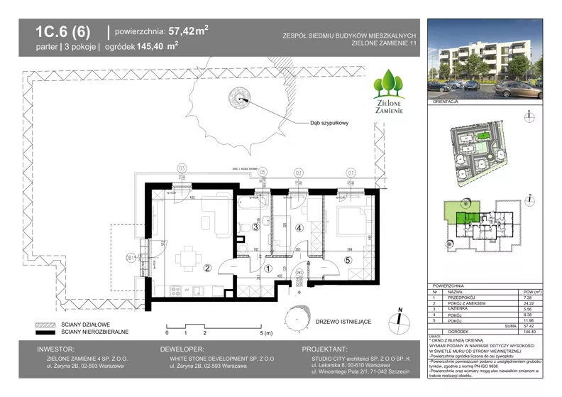 3 pokoje, mieszkanie 57,42 m², parter, oferta nr 1C.6, Zielone Zamienie XI, Zamienie, ul. Zakładowa/Herbaciana