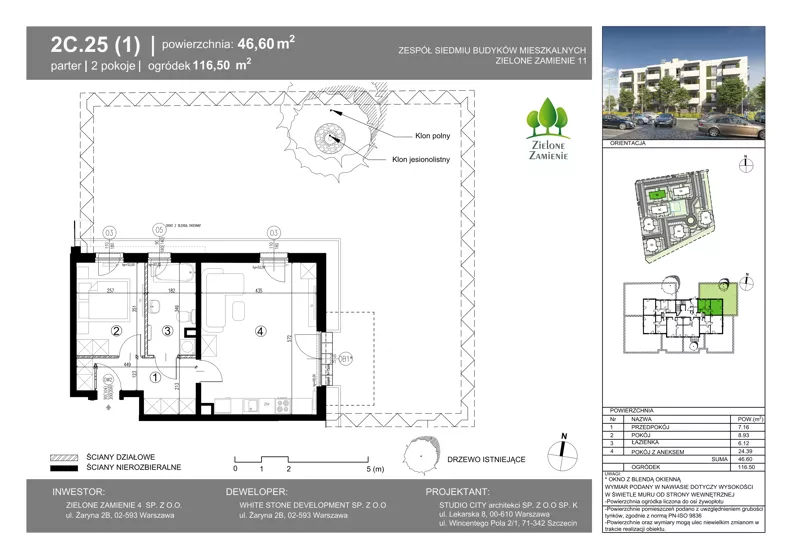 2 pokoje, mieszkanie 46,60 m², parter, oferta nr 2C.25, Zielone Zamienie XI, Zamienie, ul. Zakładowa/Herbaciana