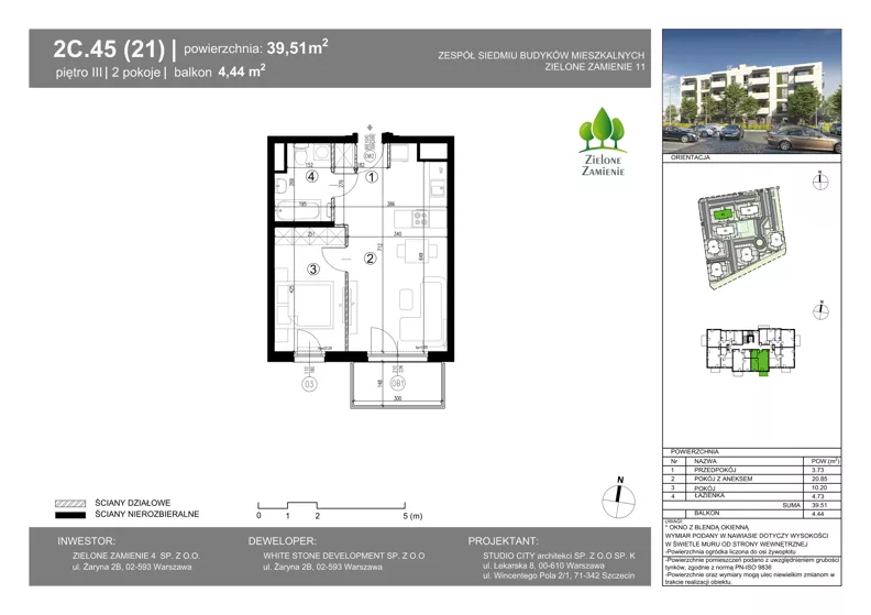 2 pokoje, mieszkanie 39,51 m², piętro 3, oferta nr 2C.45, Zielone Zamienie XI, Zamienie, ul. Zakładowa/Herbaciana