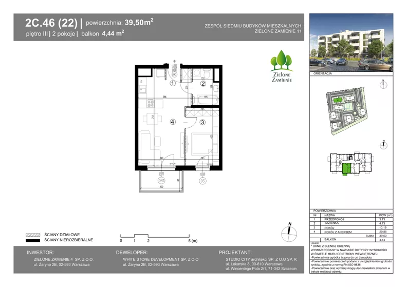 2 pokoje, mieszkanie 39,50 m², piętro 3, oferta nr 2C.46, Zielone Zamienie XI, Zamienie, ul. Zakładowa/Herbaciana