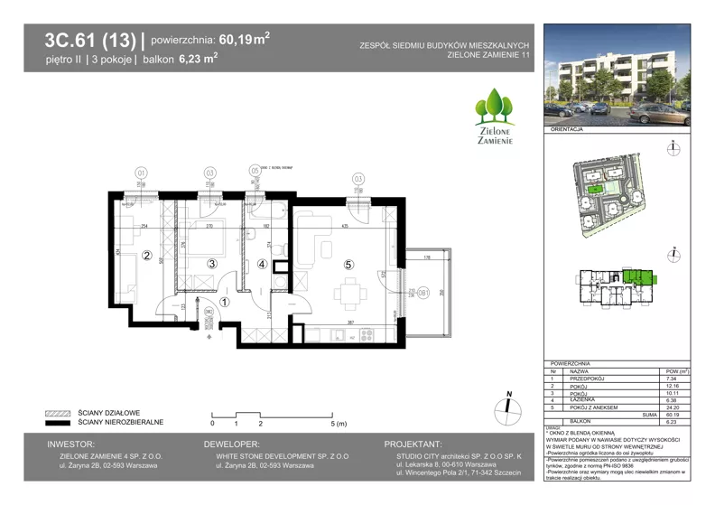 3 pokoje, mieszkanie 60,19 m², piętro 2, oferta nr 3C.61, Zielone Zamienie XI, Zamienie, ul. Zakładowa/Herbaciana