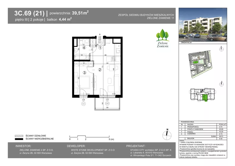 2 pokoje, mieszkanie 39,51 m², piętro 3, oferta nr 3C.69, Zielone Zamienie XI, Zamienie, ul. Zakładowa/Herbaciana