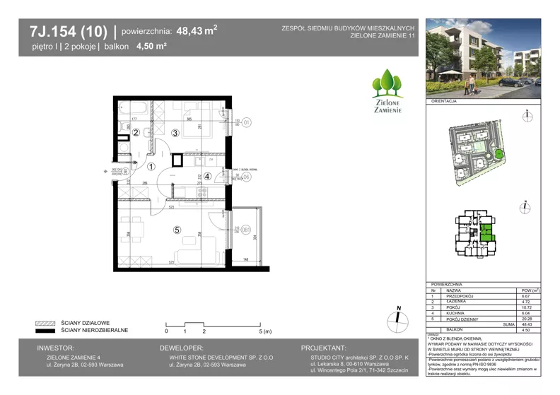 2 pokoje, mieszkanie 48,43 m², piętro 1, oferta nr 7J.154, Zielone Zamienie XI, Zamienie, ul. Zakładowa/Herbaciana