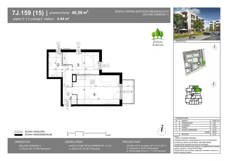 2 pokoje, mieszkanie 46,56 m², piętro 2, oferta nr 7J.159, Zielone Zamienie XI, Zamienie, ul. Zakładowa/Herbaciana