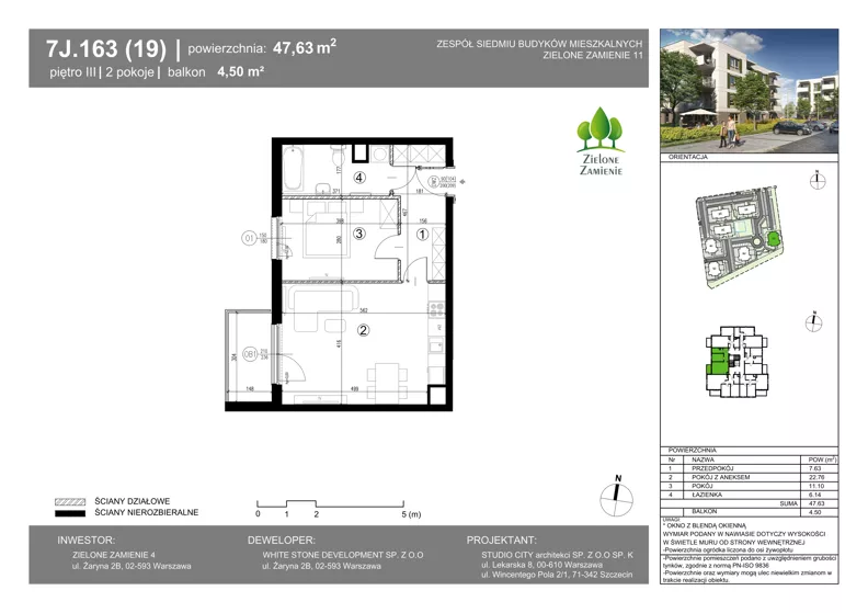 2 pokoje, mieszkanie 47,63 m², piętro 3, oferta nr 7J.163, Zielone Zamienie XI, Zamienie, ul. Zakładowa/Herbaciana