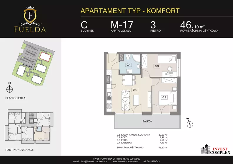 3 pokoje, mieszkanie 46,10 m², piętro 3, oferta nr C/M17, Fuelda, Poznań, Naramowice, Naramowice, ul. Maków Polnych 9