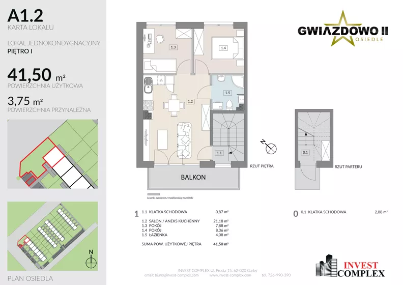 3 pokoje, mieszkanie 45,25 m², piętro 1, oferta nr A1.2, Osiedle Gwiazdowo II, Kostrzyn, Gwiazdowo, ul. Półwiejska