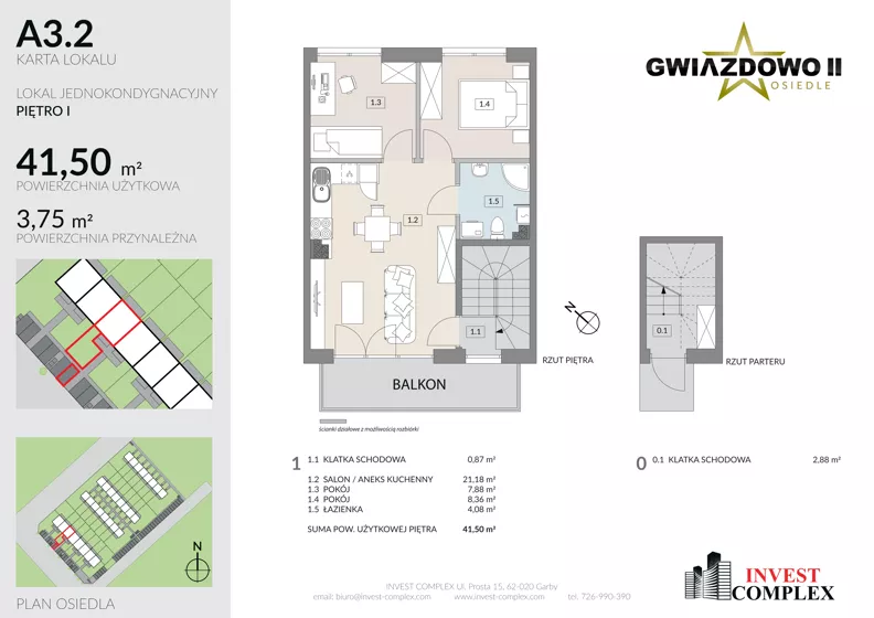 3 pokoje, mieszkanie 45,25 m², piętro 1, oferta nr A3.2, Osiedle Gwiazdowo II, Kostrzyn, Gwiazdowo, ul. Półwiejska