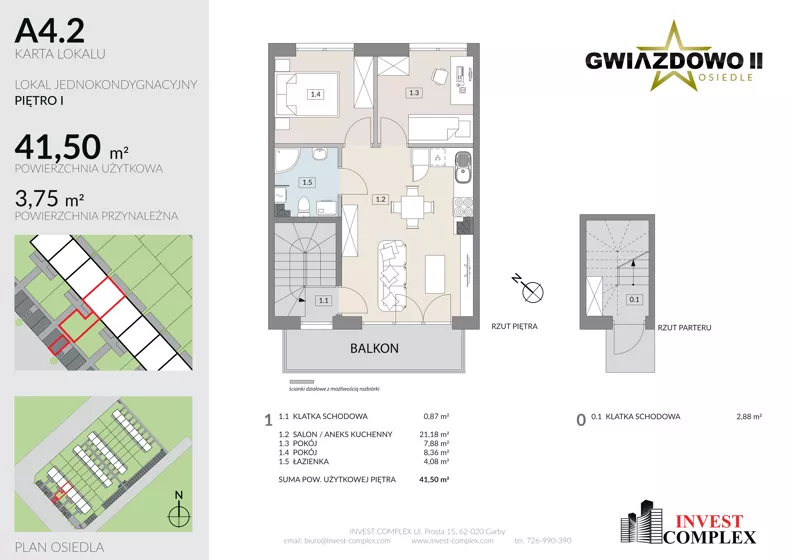 3 pokoje, mieszkanie 45,25 m², piętro 1, oferta nr A4.2, Osiedle Gwiazdowo II, Kostrzyn, Gwiazdowo, ul. Półwiejska