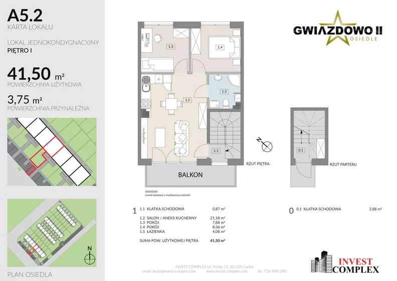 3 pokoje, mieszkanie 45,25 m², piętro 1, oferta nr A5.2, Osiedle Gwiazdowo II, Kostrzyn, Gwiazdowo, ul. Półwiejska
