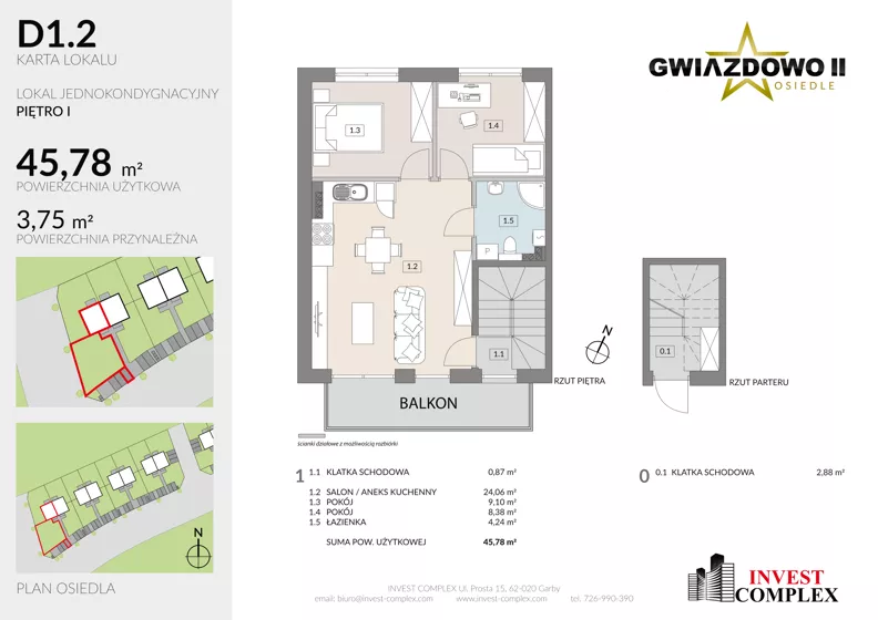 3 pokoje, mieszkanie 49,66 m², piętro 1, oferta nr D1.2, Osiedle Gwiazdowo II, Kostrzyn, Gwiazdowo, ul. Półwiejska