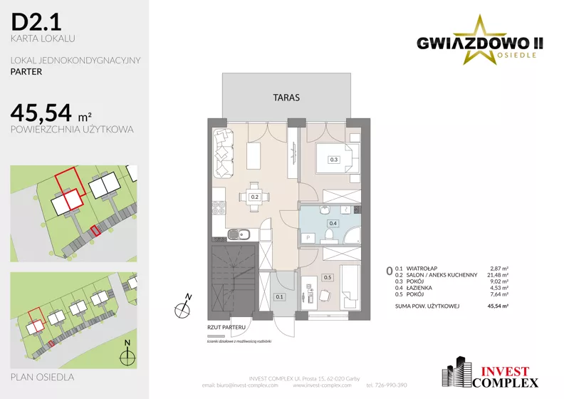 3 pokoje, mieszkanie 45,39 m², parter, oferta nr D2.1, Osiedle Gwiazdowo II, Kostrzyn, Gwiazdowo, ul. Półwiejska