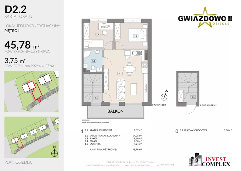 3 pokoje, mieszkanie 49,66 m², piętro 1, oferta nr D2.2, Osiedle Gwiazdowo II, Kostrzyn, Gwiazdowo, ul. Półwiejska