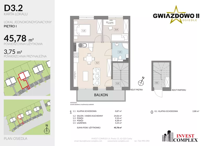3 pokoje, mieszkanie 49,66 m², piętro 1, oferta nr D3.2, Osiedle Gwiazdowo II, Kostrzyn, Gwiazdowo, ul. Półwiejska