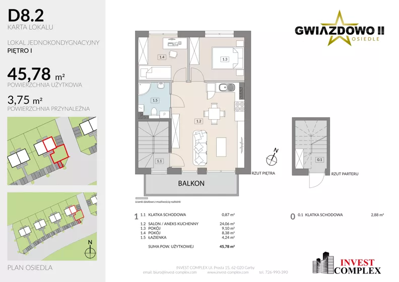 3 pokoje, mieszkanie 49,66 m², piętro 1, oferta nr D8.2, Osiedle Gwiazdowo II, Kostrzyn, Gwiazdowo, ul. Półwiejska
