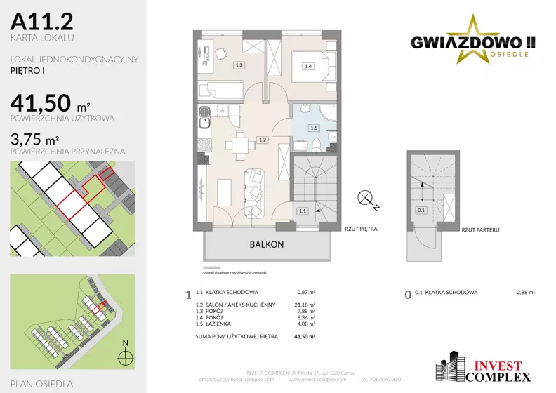 3 pokoje, mieszkanie 45,29 m², piętro 1, oferta nr A11.2, Osiedle Gwiazdowo II, Kostrzyn, Gwiazdowo, ul. Półwiejska