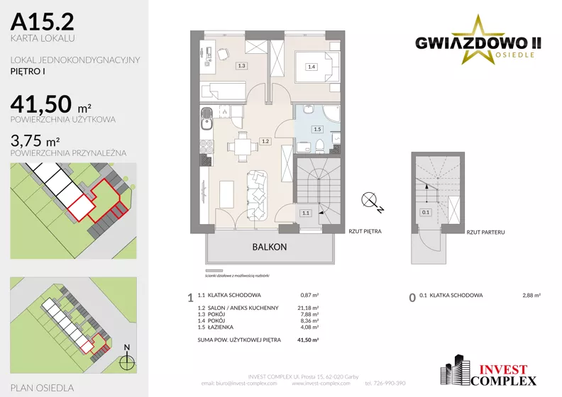 3 pokoje, mieszkanie 45,29 m², piętro 1, oferta nr A15.2, Osiedle Gwiazdowo II, Kostrzyn, Gwiazdowo, ul. Półwiejska