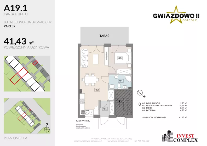 2 pokoje, mieszkanie 41,48 m², parter, oferta nr A19.1, Osiedle Gwiazdowo II, Kostrzyn, Gwiazdowo, ul. Półwiejska