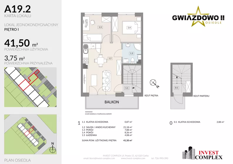 3 pokoje, mieszkanie 45,29 m², piętro 1, oferta nr A19.2, Osiedle Gwiazdowo II, Kostrzyn, Gwiazdowo, ul. Półwiejska