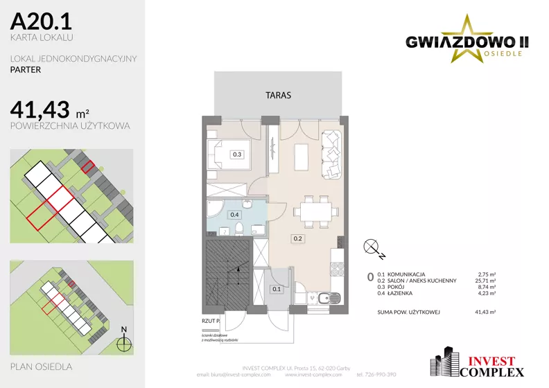 2 pokoje, mieszkanie 41,48 m², parter, oferta nr A20.1, Osiedle Gwiazdowo II, Kostrzyn, Gwiazdowo, ul. Półwiejska
