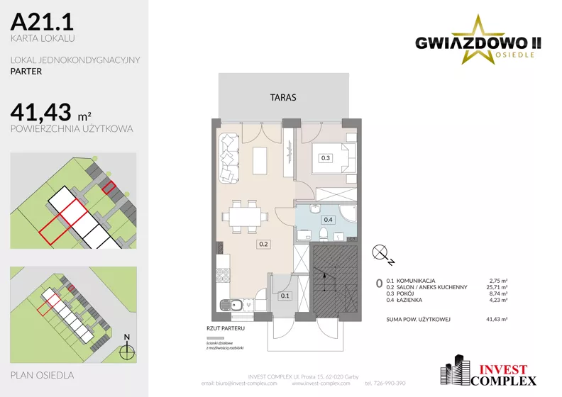 2 pokoje, mieszkanie 41,48 m², parter, oferta nr A21.1, Osiedle Gwiazdowo II, Kostrzyn, Gwiazdowo, ul. Półwiejska