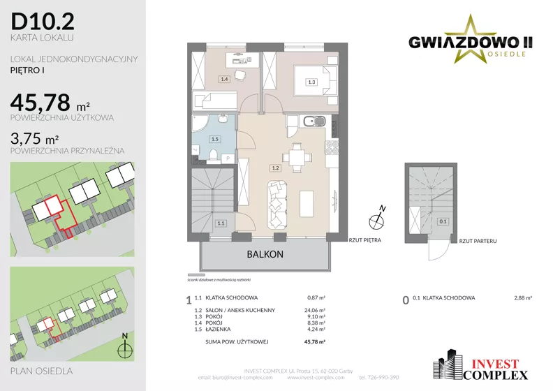 3 pokoje, mieszkanie 49,66 m², piętro 1, oferta nr D10.2, Osiedle Gwiazdowo II, Kostrzyn, Gwiazdowo, ul. Półwiejska